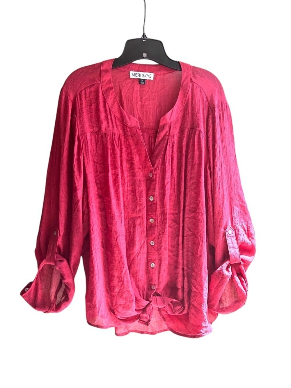 MERI SKYE Linen Look Poly/Rayon Blend V Neck Blouse with Tie Front 2X
